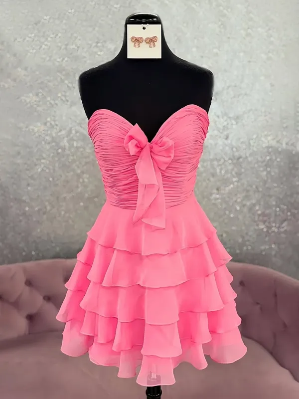 Orlaith | Pink - A Line Tulle Ruffles Sweetheart Short Homecoming Dresses with Bow sold by KissProm