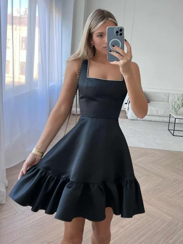 Zinovia | Black - A Line Satin Square Neck Ruffles Short Homecoming Dresses sold by KissProm