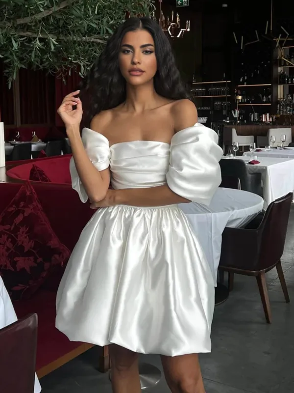 Perenna | White - A Line Satin Square Neck Puffed Sleeves Short Homecoming Dresses sold by KissProm