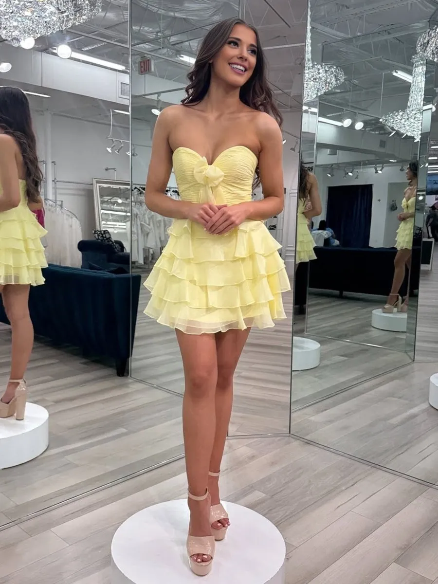 Orlaith | Yellow - A Line Chiffon Ruffles Sweetheart Short Homecoming Dresses with Bow sold by KissProm