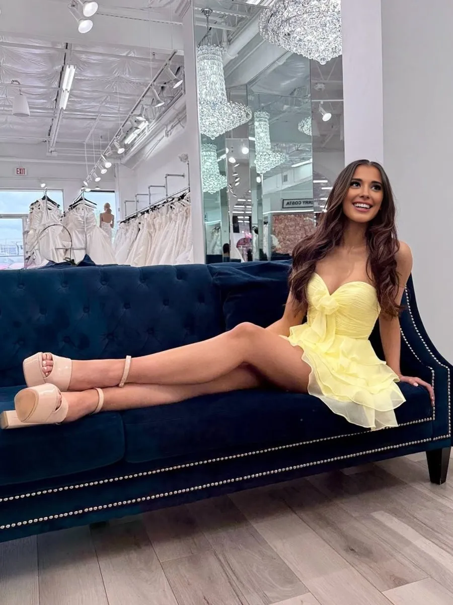Orlaith | Yellow - A Line Chiffon Ruffles Sweetheart Short Homecoming Dresses with Bow sold by KissProm product image thumbnail 3
