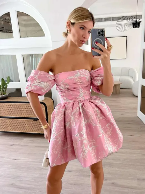 Wynneth | Pink - A Line Off the Shoulder Puffed Sleeves Short Homecoming Dresses sold by KissProm