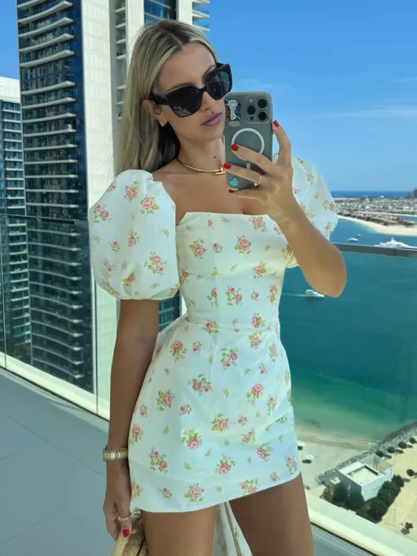 Xylia | Ivory - Sheath Scoop Neck Puffed Sleeves Short Homecoming Dresses With Bow sold by KissProm