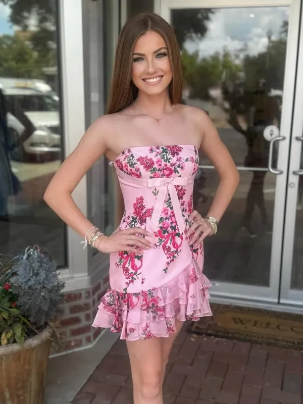 Clea | Pink - Sheath Floral Satin Strapless Ruffles Homecoming Dresses with Bow sold by KissProm
