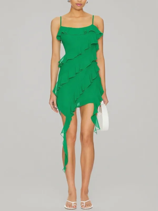 Elsinia | Green - Sheath Chiffon Spaghetti Straps Ruffled Short Homecoming Dresses sold by KissProm