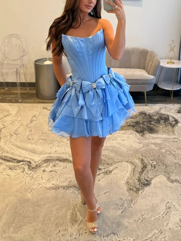Izara | Periwinkle - A Line Scoop Neck Ruffles Corset Homecoming Dresses with Bows sold by KissProm