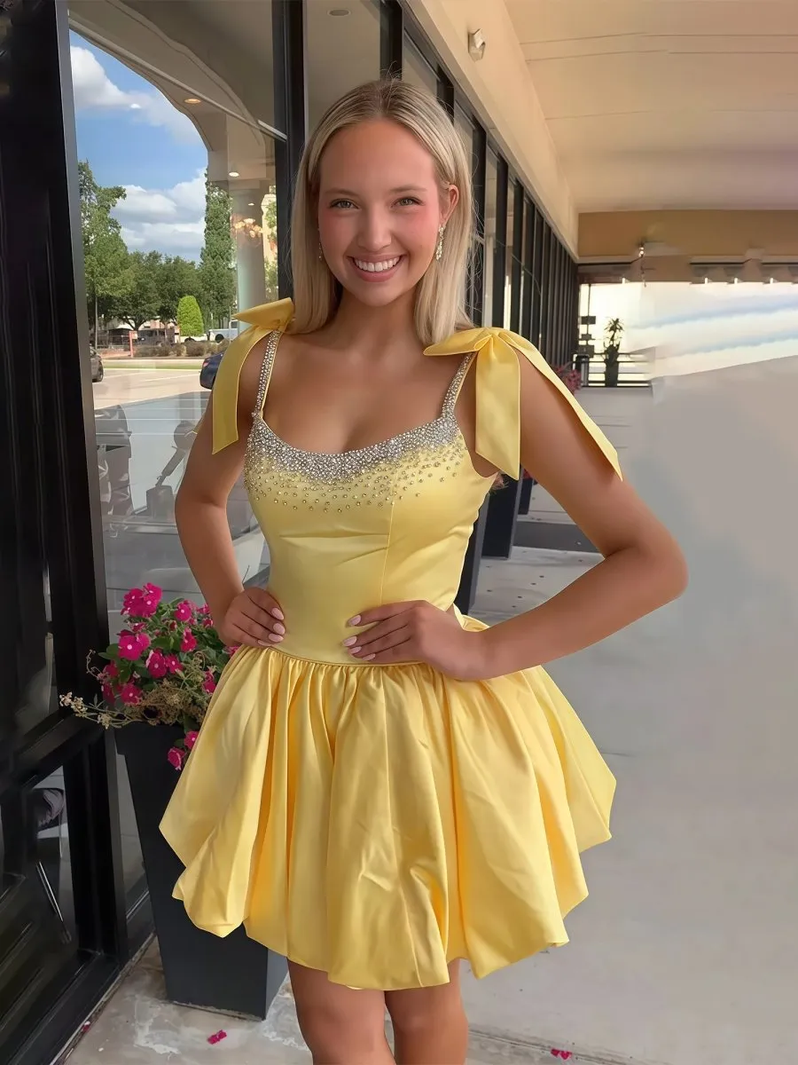 Fable | Yellow - A Line Scoop Neck Beaded Homecoming Dresses with Bows sold by KissProm