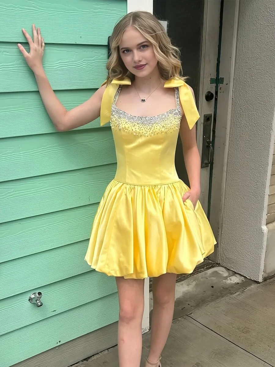 Fable | Yellow - A Line Scoop Neck Beaded Homecoming Dresses with Bows sold by KissProm product image thumbnail 3