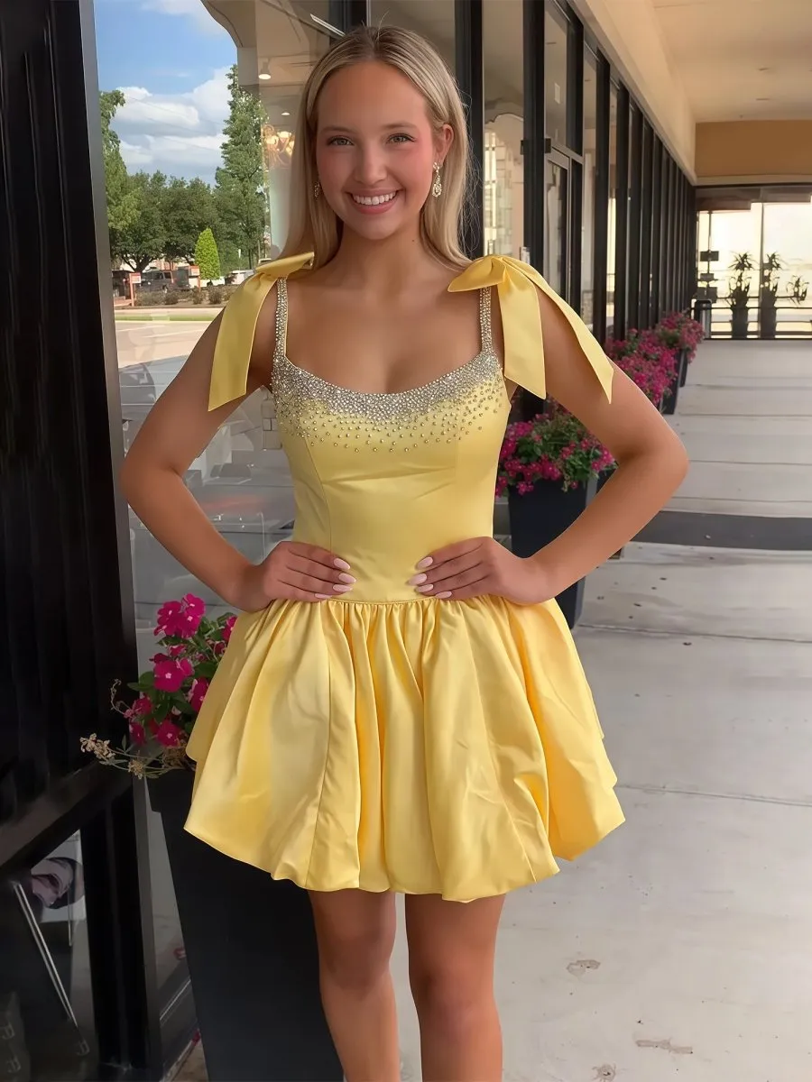 Fable | Yellow - A Line Scoop Neck Beaded Homecoming Dresses with Bows sold by KissProm product image thumbnail 2