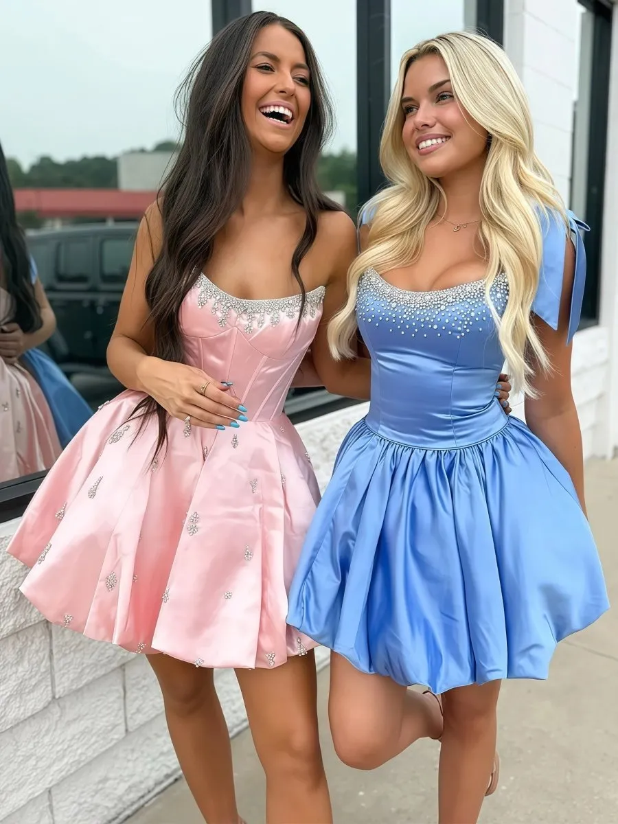 Fable | Blue - A Line Scoop Neck Beaded Homecoming Dresses with Bows sold by KissProm