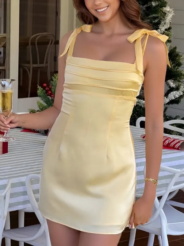 Myamee | Yellow - Sheath Square Neck Satin Homecoming Dress with Bow Straps sold by KissProm