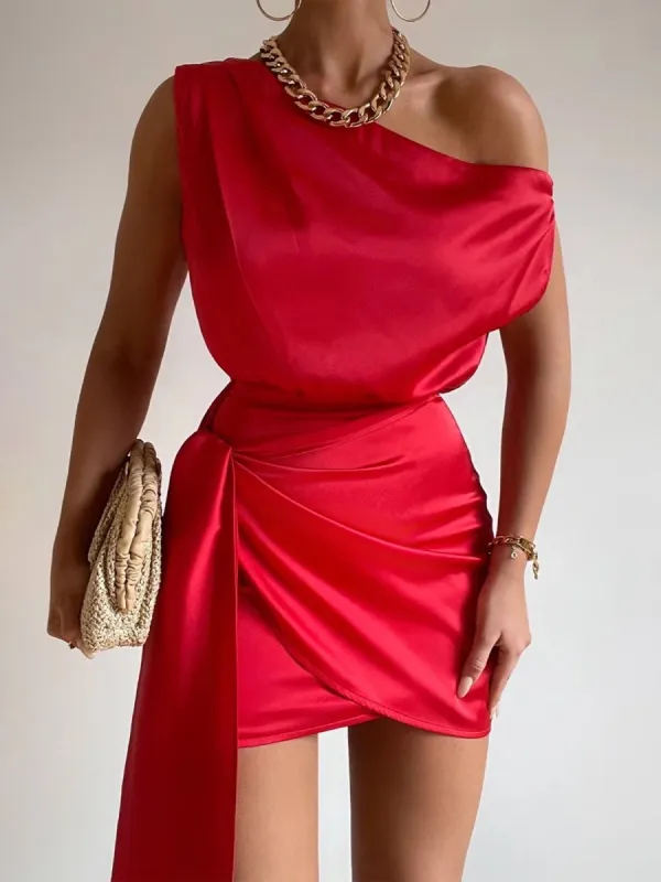 Jorja | Red - Sheath One Shoulder Satin Homecoming Dresses with Drape sold by KissProm