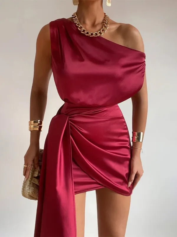 Jorja | Burgundy - Sheath One Shoulder Satin Homecoming Dresses with Drape sold by KissProm