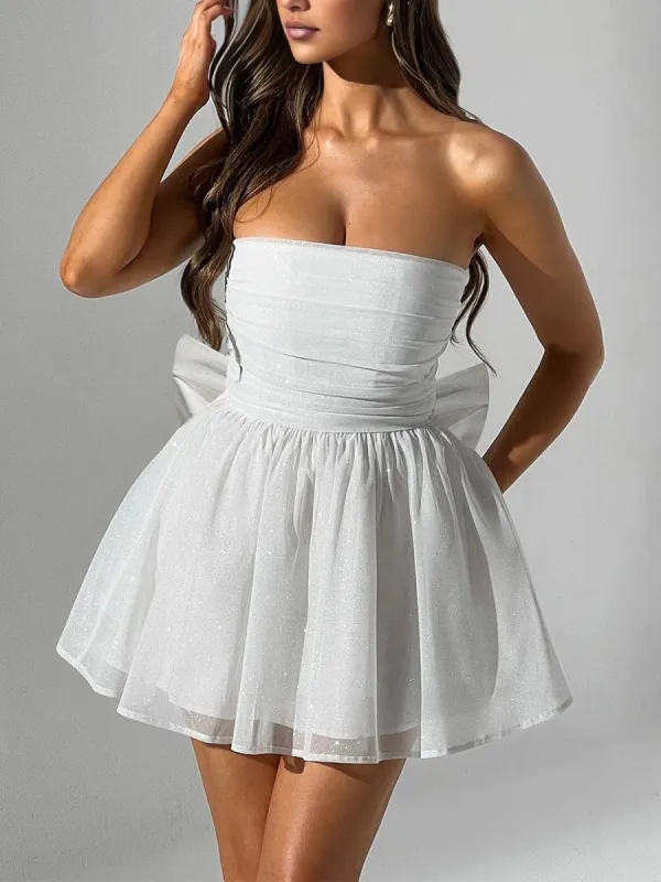 Lirael | White - A Line Strapless Glitter Tulle Ruffled Homecoming Dresses with Bow sold by KissProm