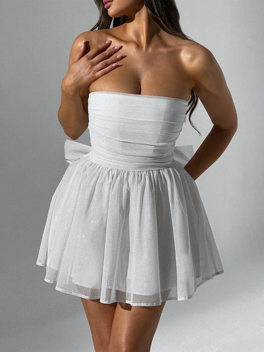 Lirael | White - A Line Strapless Glitter Tulle Ruffled Homecoming Dresses with Bow sold by KissProm product image thumbnail 2