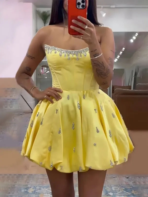 Damiana | Yellow - A Line Scoop Neck Corset Beaded Short Homecoming Dresses sold by KissProm