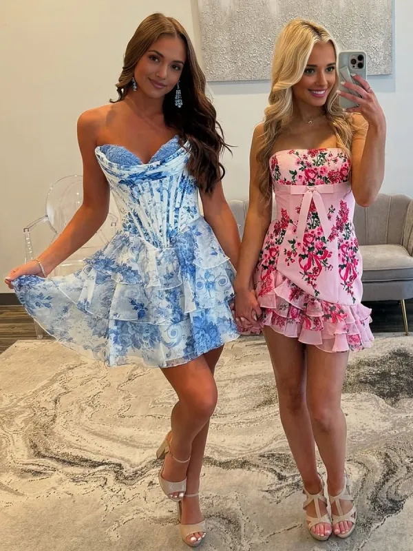 Gilda | Sky Blue - A Line Sweetheart Floral Chiffon Corset Ruffled Homecoming Dresses sold by KissProm