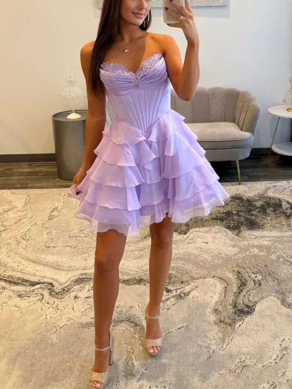 Katla | Lilac - A Line Sweetheart Chiffon Ruffles Corset Homecoming Dresses sold by KissProm