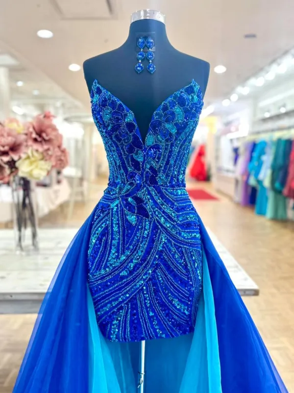 Ines | Royal Blue - Sheath V Neck Sequined Short Homecoming Dresses with Train sold by KissProm
