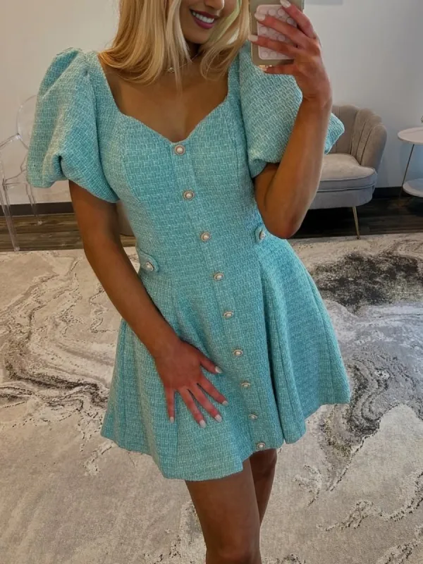 Idony | Blue - A Line V Neck Textured Tweed Homecoming Dresses with Puffed Sleeves sold by KissProm