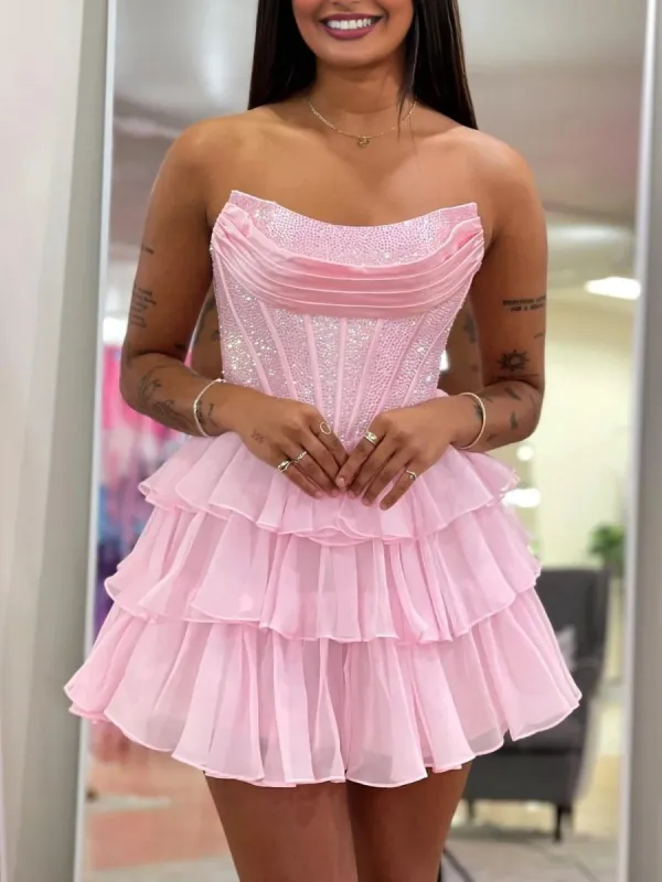 Amica | Pink - Strapless A Line Chiffon Beaded Homecoming Dress With Ruffles sold by KissProm