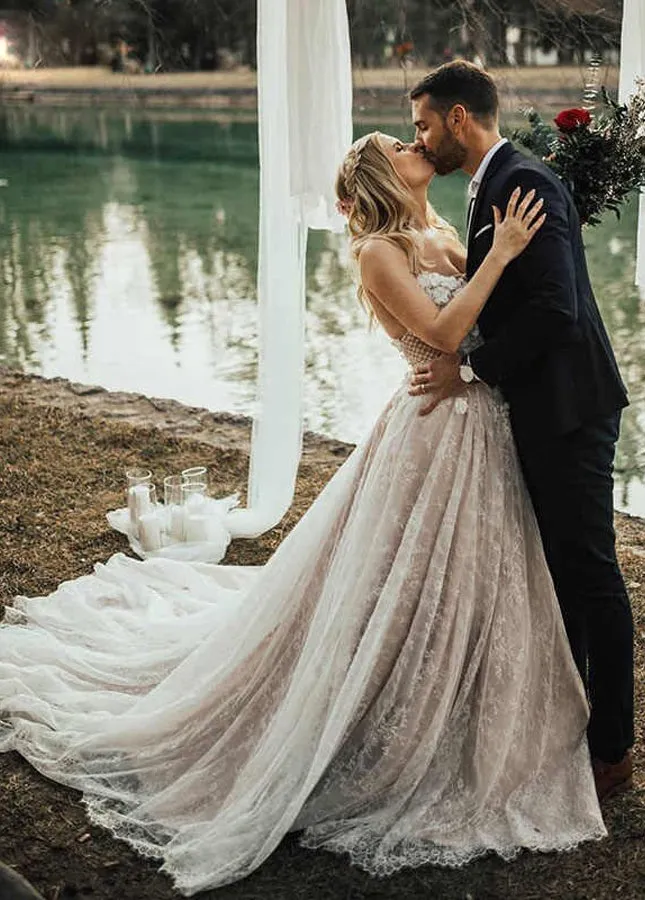 A Line Lace White Spaghetti Straps Wedding Dresses sold by KissProm