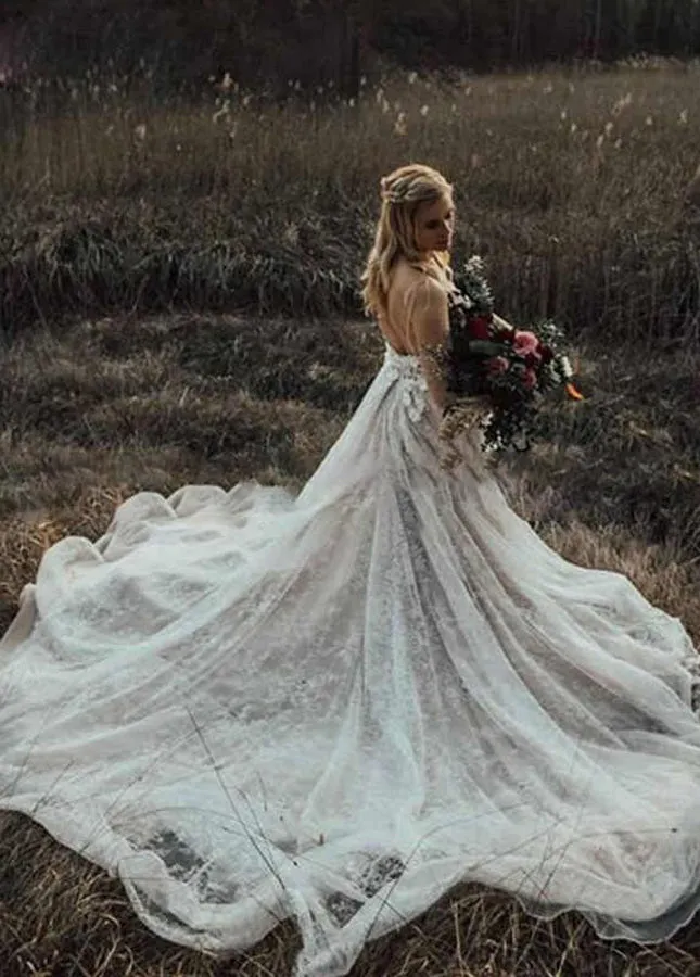 A Line Lace White Spaghetti Straps Wedding Dresses sold by KissProm product image thumbnail 2