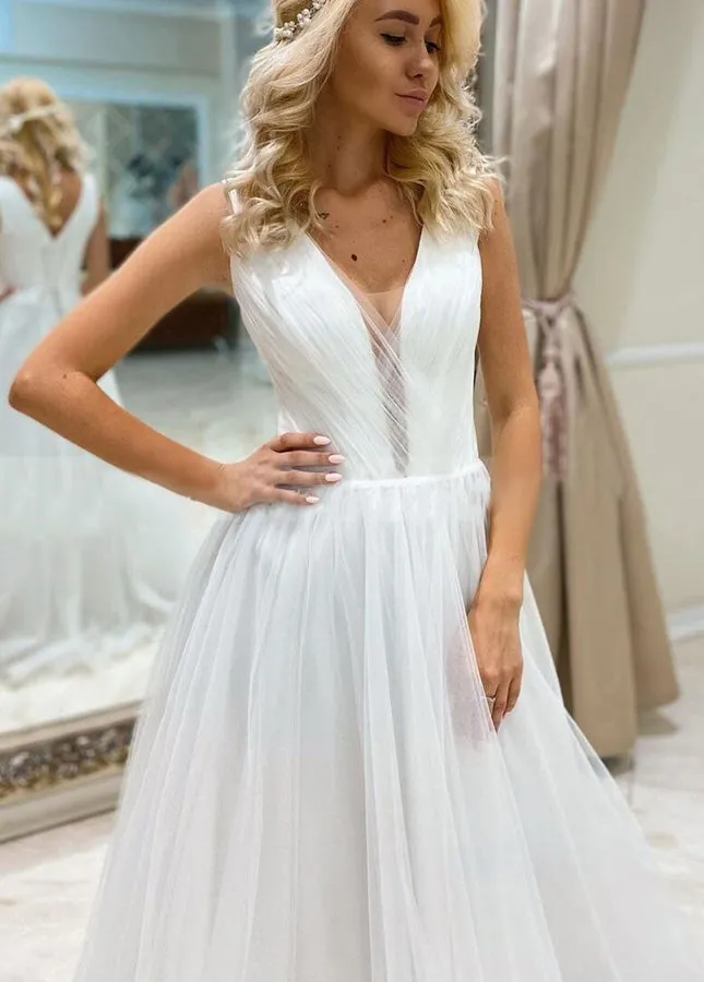 A Line Bohemian Long Tulle Simple Wedding Dress V Neck sold by KissProm product image thumbnail 5
