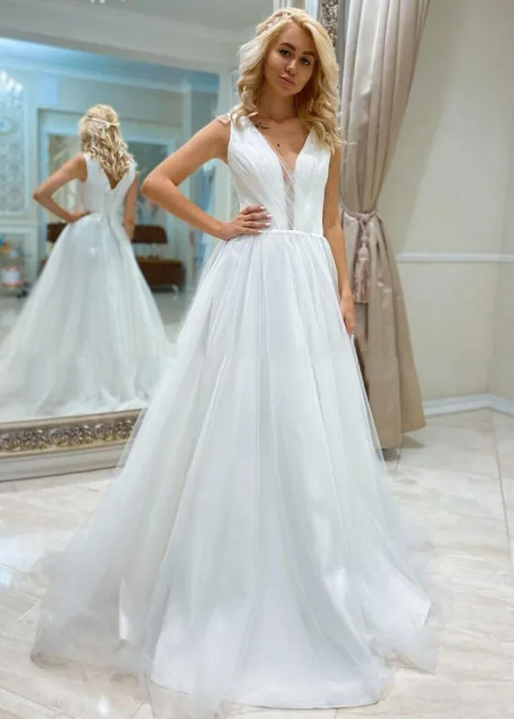 A Line Bohemian Long Tulle Simple Wedding Dress V Neck sold by KissProm
