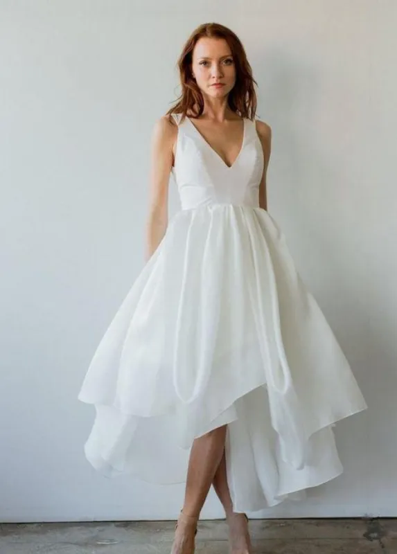 Diamond White Sleeveless V-Neck Taffeta Short Wedding Dress with Asymmetric Hem sold by KissProm