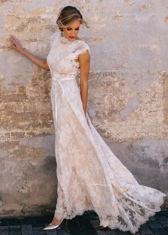 Light Champagne Lace Appliques A Line Cap Sleeve Sexy Backless Bridal Gown sold by KissProm