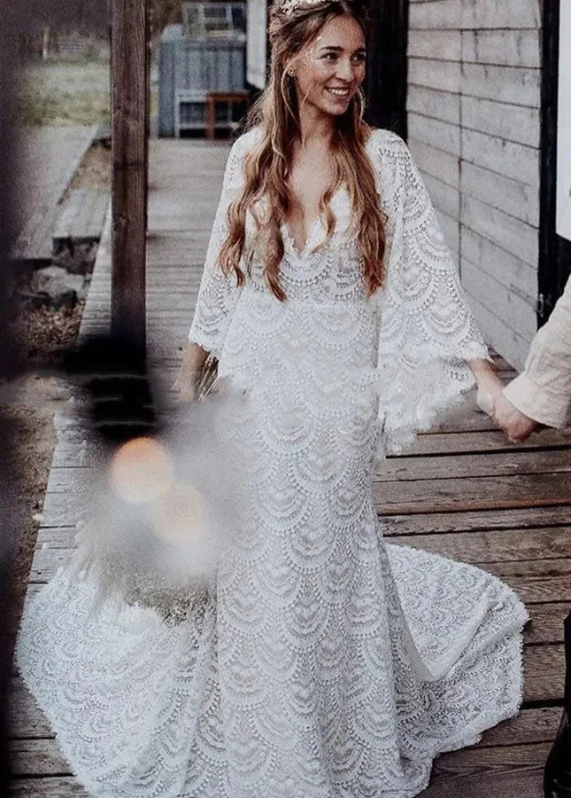 Unique Lace V-Neck Mermaid Bohemian Flare Long Sleeve Beach Bridal Gowns sold by KissProm product image thumbnail 2