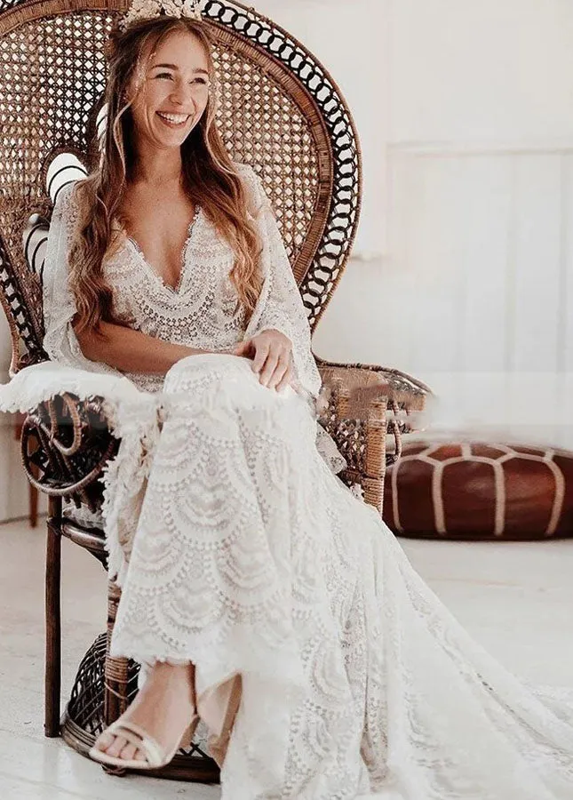 Unique Lace V-Neck Mermaid Bohemian Flare Long Sleeve Beach Bridal Gowns sold by KissProm product image thumbnail 3