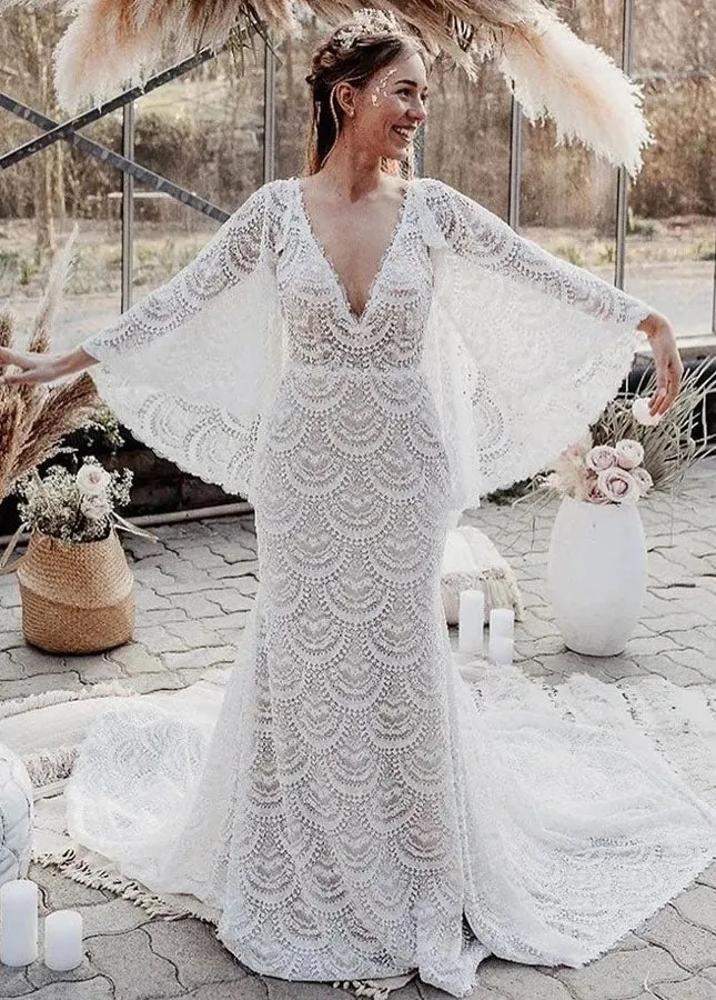 Unique Lace V-Neck Mermaid Bohemian Flare Long Sleeve Beach Bridal Gowns sold by KissProm
