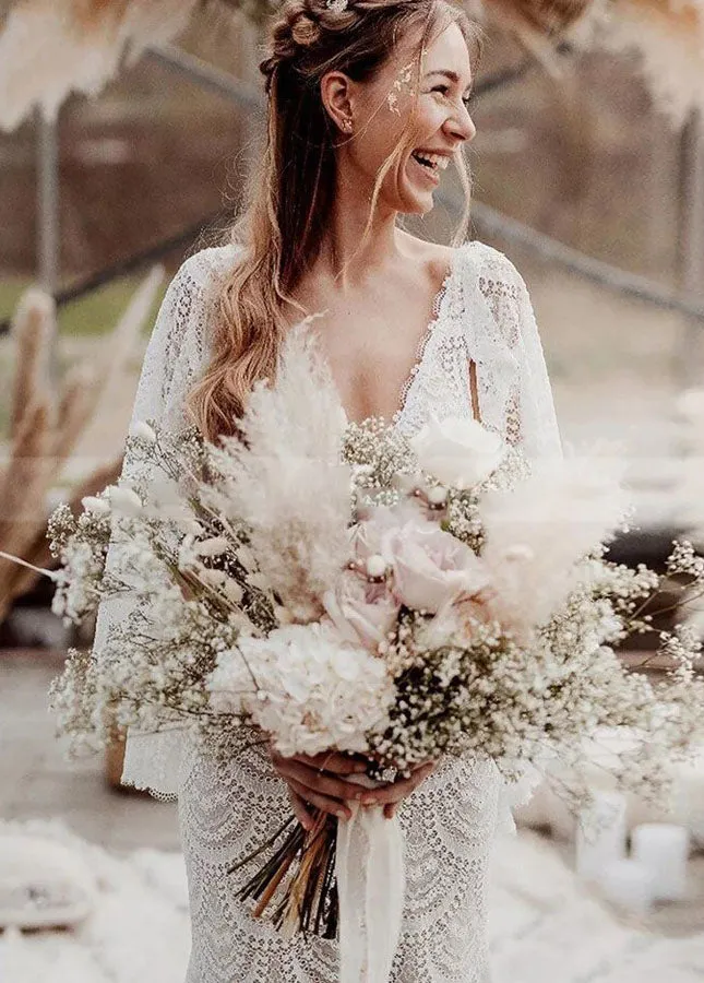 Unique Lace V-Neck Mermaid Bohemian Flare Long Sleeve Beach Bridal Gowns sold by KissProm product image thumbnail 4