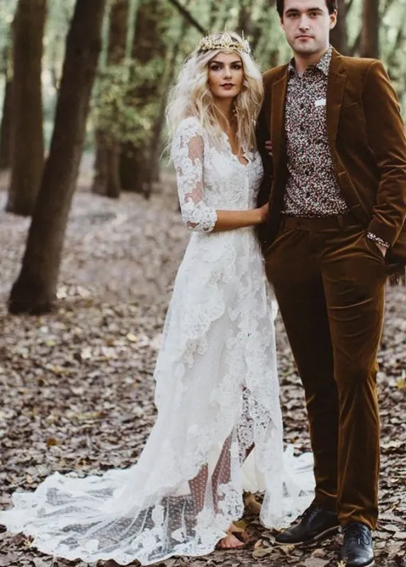 Tulle A-Line Lace Appliques 3/4-Sleeve V-Neck Romantic Bridal Wedding Gowns sold by KissProm