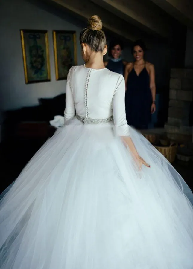 Spandex 3/4 Sleeves Covered-Button Wedding Dresses with Rhinestones Belt sold by KissProm product image thumbnail 3