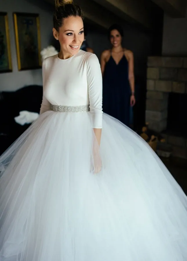 Spandex 3/4 Sleeves Covered-Button Wedding Dresses with Rhinestones Belt sold by KissProm