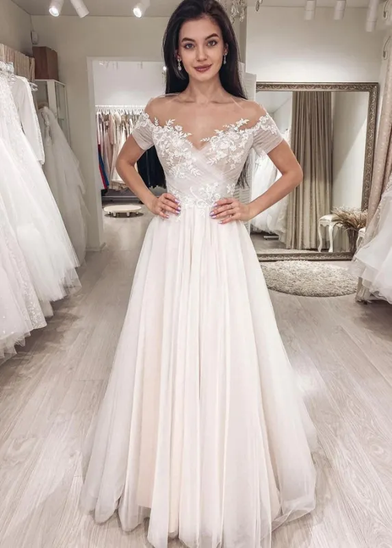 Short Sleeves Illusion Neckline A-line Lace Appliques Covered-Button Wedding Dresses sold by KissProm