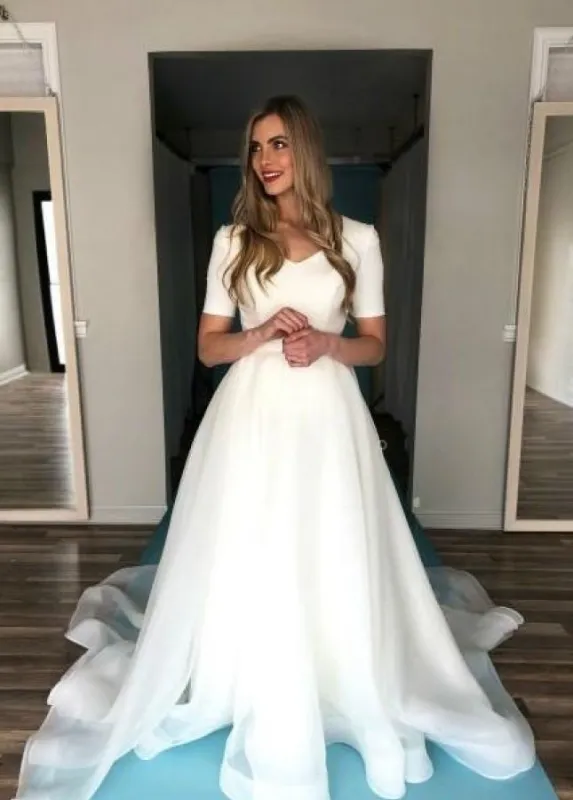 Short Sleeve V-Neck Simpe Pure White Modest Wedding Gown with Long Train sold by KissProm