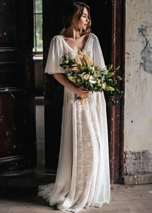 Short Flare Sleeve V-Neck A-Line Backless Bohemian Bridal Gowns sold by KissProm