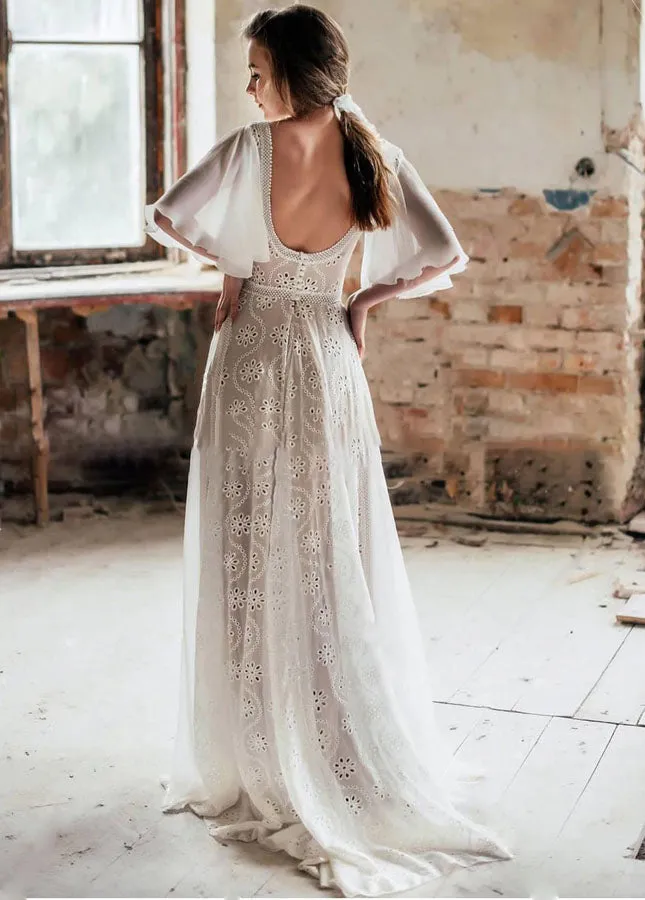 Short Flare Sleeve V-Neck A-Line Backless Bohemian Bridal Gowns sold by KissProm product image thumbnail 3
