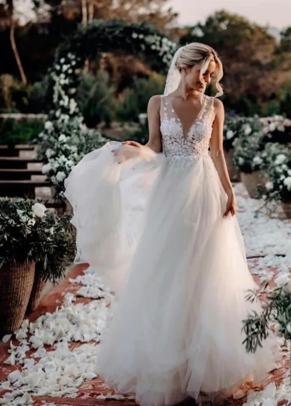 Bohemian Sexy Deep V Neck Sleeveless Lace Appliques A-Line Country Wedding Dresses sold by KissProm