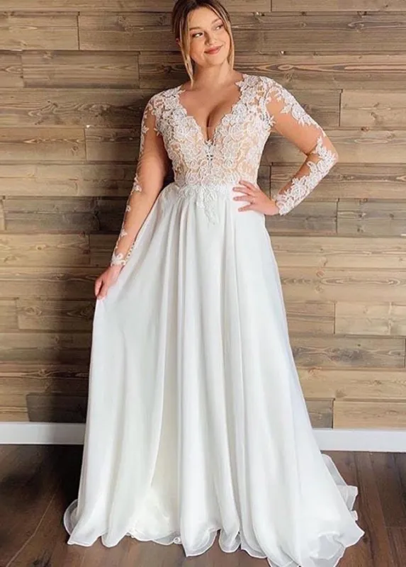 Modest Long Sleeves V-neck Lace Appliques A-Line Chiffon Beach Plus Size Wedding Dresses sold by KissProm