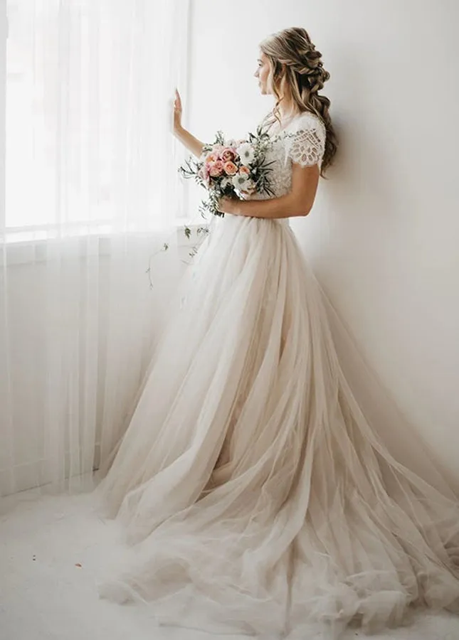 Light Champagne Tulle Lace A-Line Short Sleeves Bohemian Women Wedding Dresses sold by KissProm product image thumbnail 5