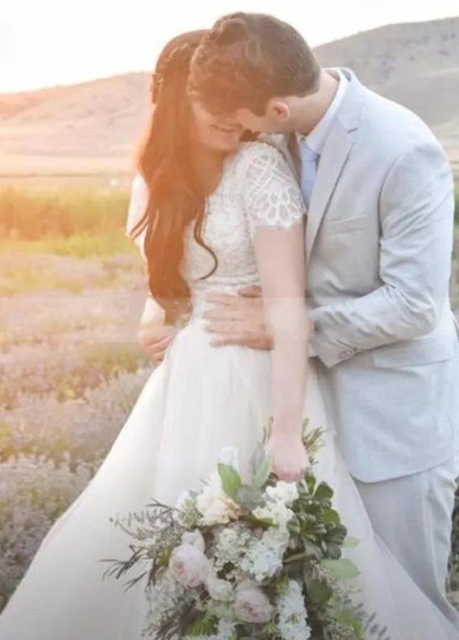 Light Champagne Tulle Lace A-Line Short Sleeves Bohemian Women Wedding Dresses sold by KissProm product image thumbnail 4