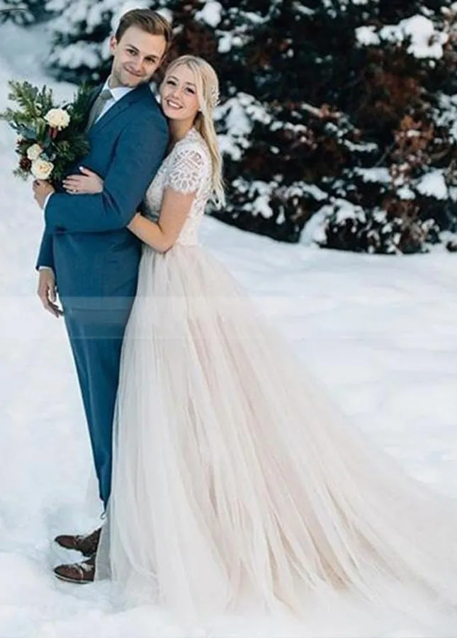 Light Champagne Tulle Lace A-Line Short Sleeves Bohemian Women Wedding Dresses sold by KissProm product image thumbnail 2