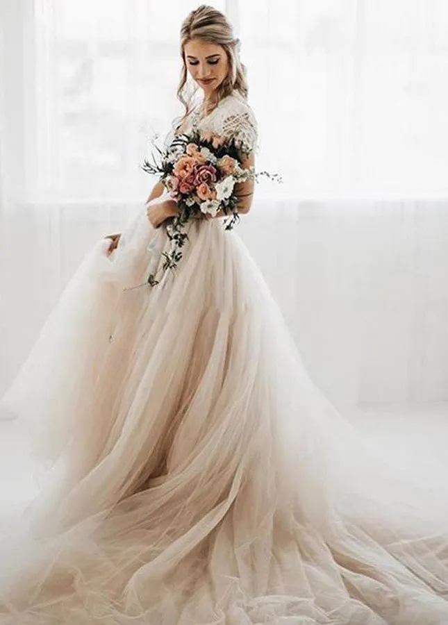 Light Champagne Tulle Lace A-Line Short Sleeves Bohemian Women Wedding Dresses sold by KissProm product image thumbnail 3