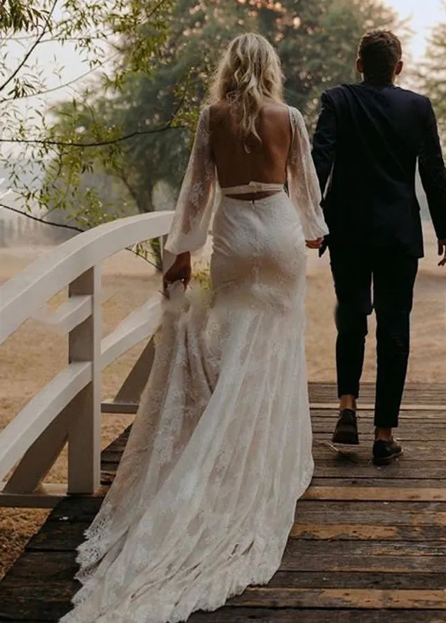 Long Lartern Sleeve Mermaid V-Neck Backless Lace Bohemian Wedding Dresses sold by KissProm product image thumbnail 2