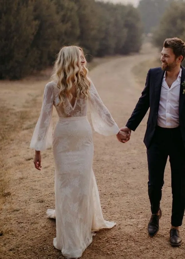 Long Lartern Sleeve Mermaid V-Neck Backless Lace Bohemian Wedding Dresses sold by KissProm product image thumbnail 3